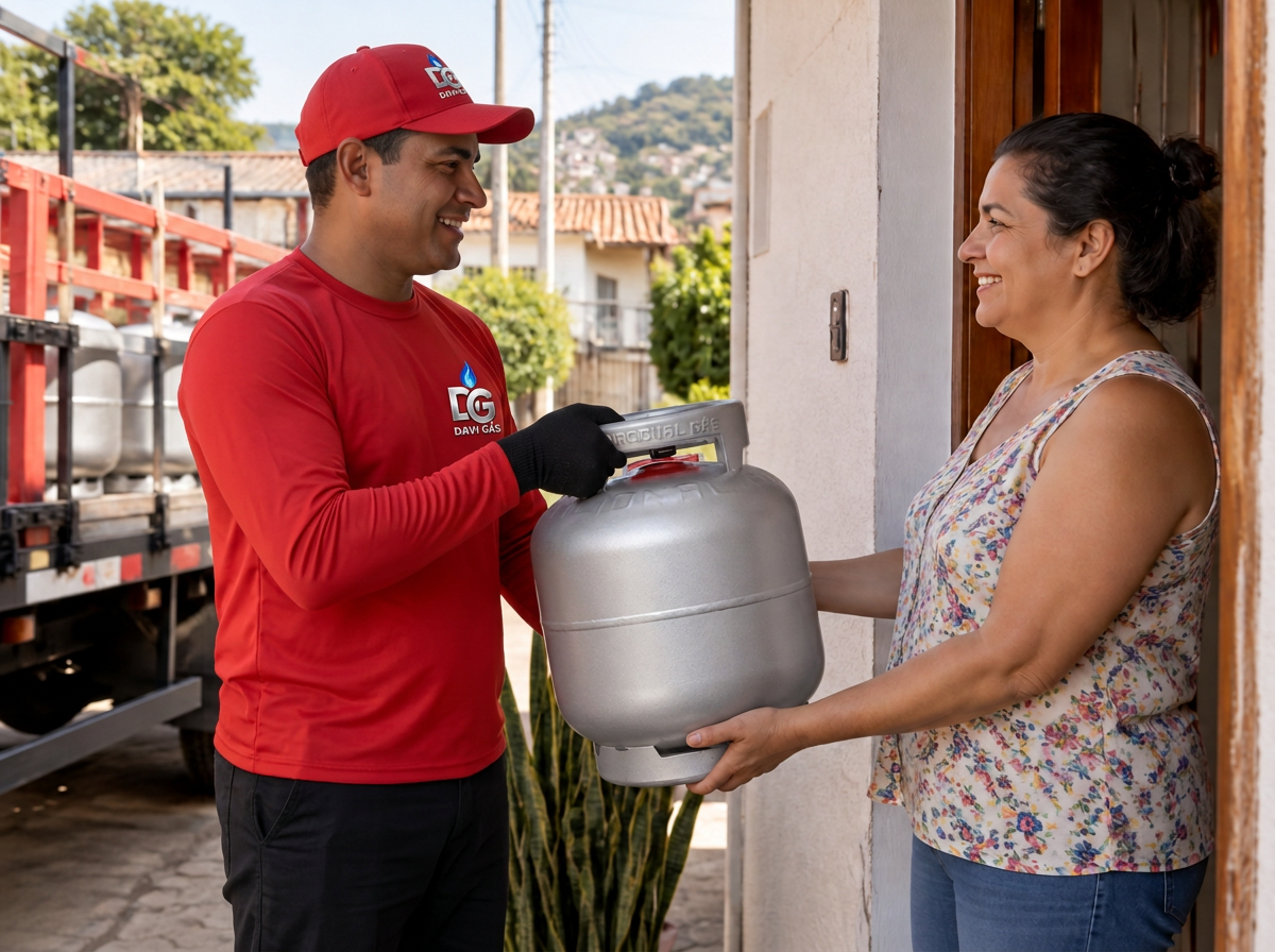 Entregador DAVI GÁS entregando botijão à cliente na porta de casa
